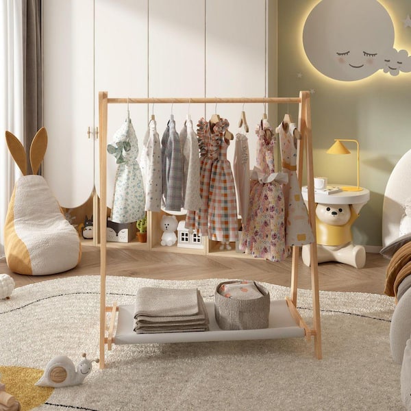 Beige Foldable Kids Clothing Rack Stand for Dress Up, Playroom, Nursery, Portable Hanging Organizer for Toddler/Pets