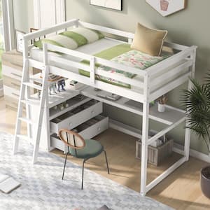 White Twin Size Loft Bed with Desk and Shelves, 2 Built-in Drawers