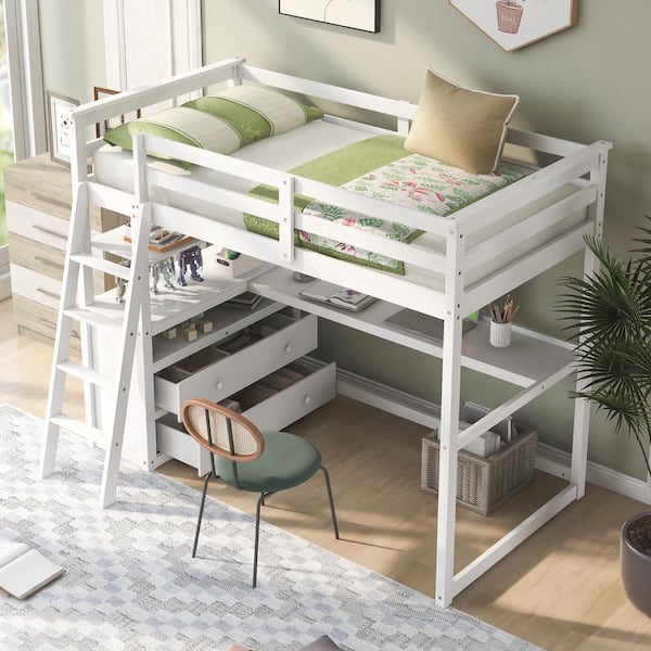 GOJANE White Twin Size Loft Bed with Desk and Shelves, 2 Built-in Drawers