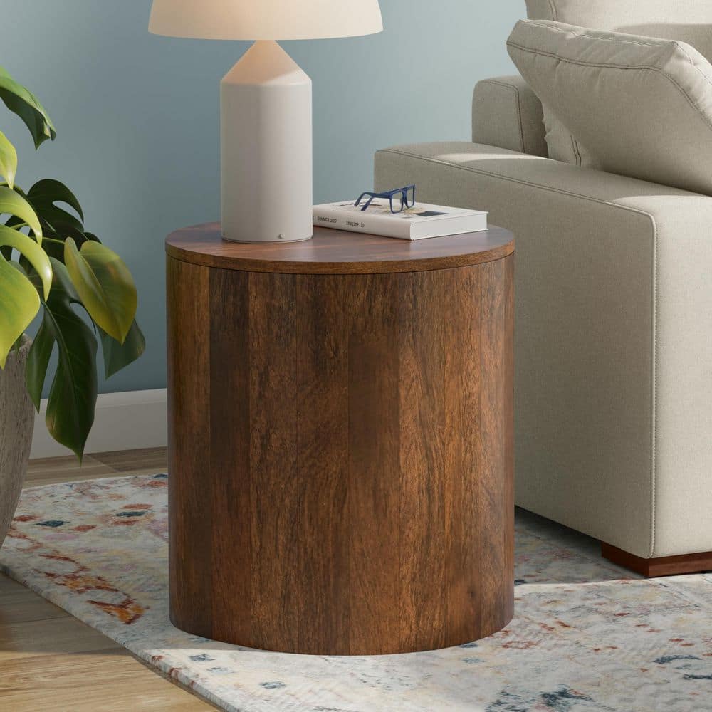 Millbury 20 in. W Walnut Brown Round Solid Mango Wood End Table with Handcrafted Design