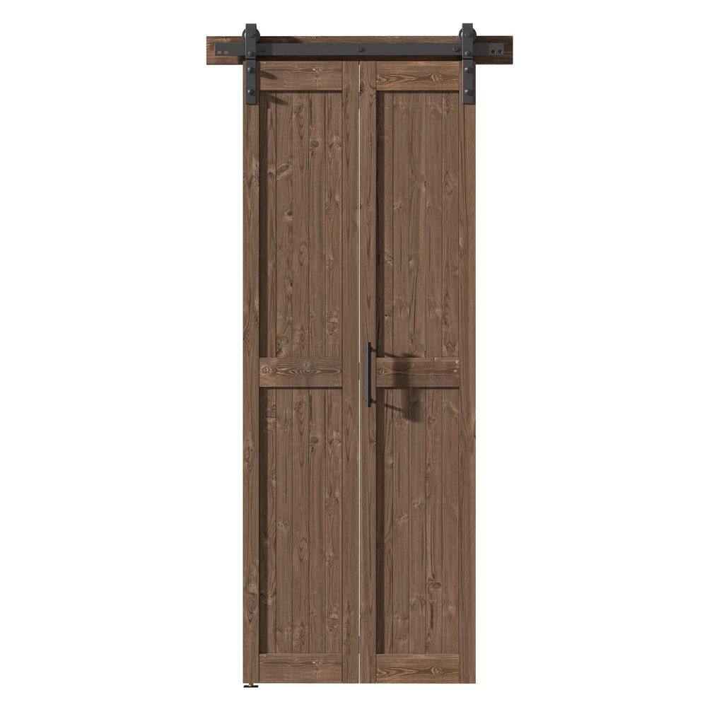 Assembled 36 in. x 84 in. Solid Core Dark Walnut Pine Wood Bi-Fold Door Wit