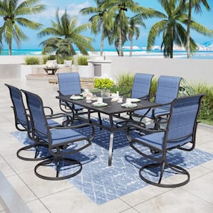 Black 7-Piece Metal Outdoor Patio Dining Set with Slat Rectangle Table and Padded Blue Textilene Swivel Chairs
