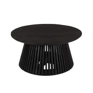 Ridge 32 in. Black Round Mango Wood Handcrafted Coffee Table with Slatted Flared Base