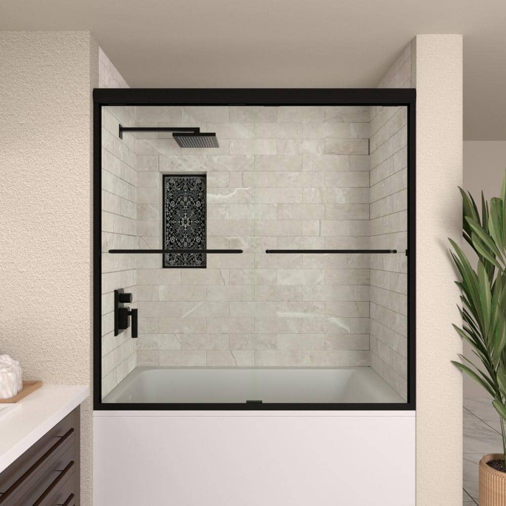 Matte Black Semi Frameless Sliding Tub Door with Clear Glass