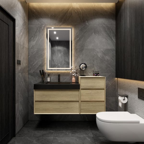 MIA 55 in. W. x 20 in. D x 30 in. H Single Sink and Side Cabinet Bath Vanity in Teak Oak with Black Stainless-Steel Top