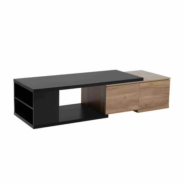 Polibi 57 in. Black Rectangle Wood Coffee Table with 2 Storage Drawers and Extendable Sliding Tabletop
