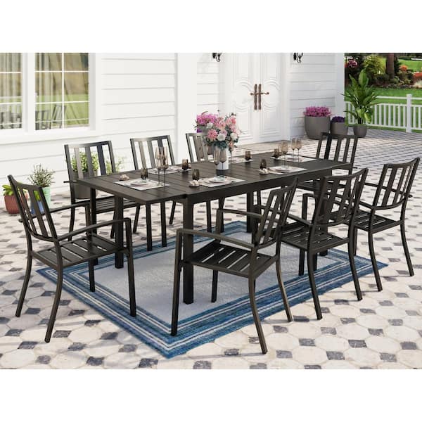 PHI VILLA Black 9-Piece Metal Outdoor Patio Dining Set with Extendable Table and Modern Stackable Chairs