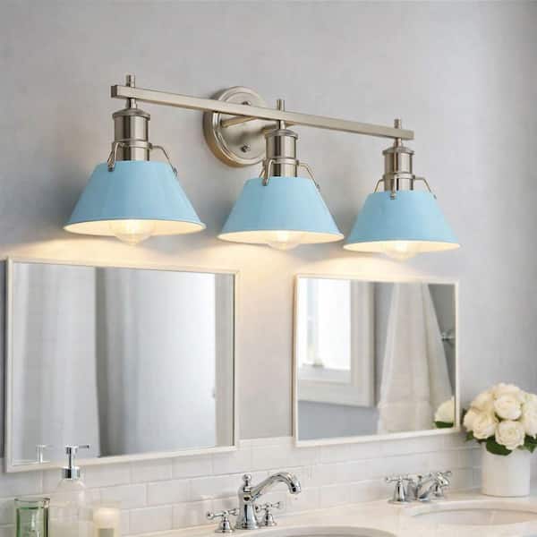 Modern Bathroom 27 in. 3 Lights Brush Nickel Finish Vanity Light with Blue Shade