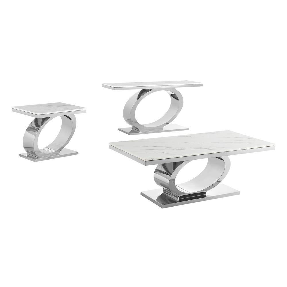 White Marble and Silver 3-Piece Coffee Table Set