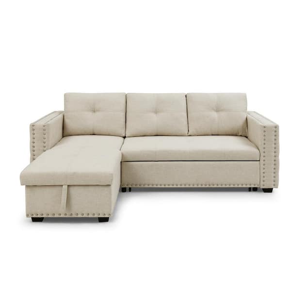 Z-joyee 91 in. Beige Linen Full Size Copper Nail Reversible Sectional Sofa Bed with Storage