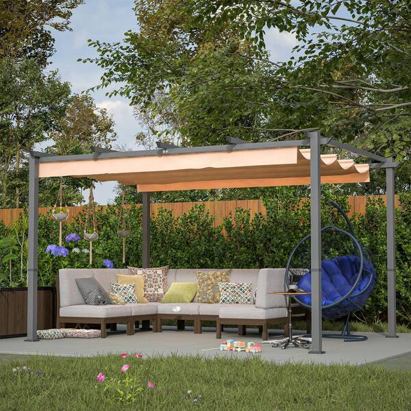 Thanaddo 10 ft. x 13 ft. Aluminum Outdoor Patio Pergola with Brown Retractable Shade Canopy
