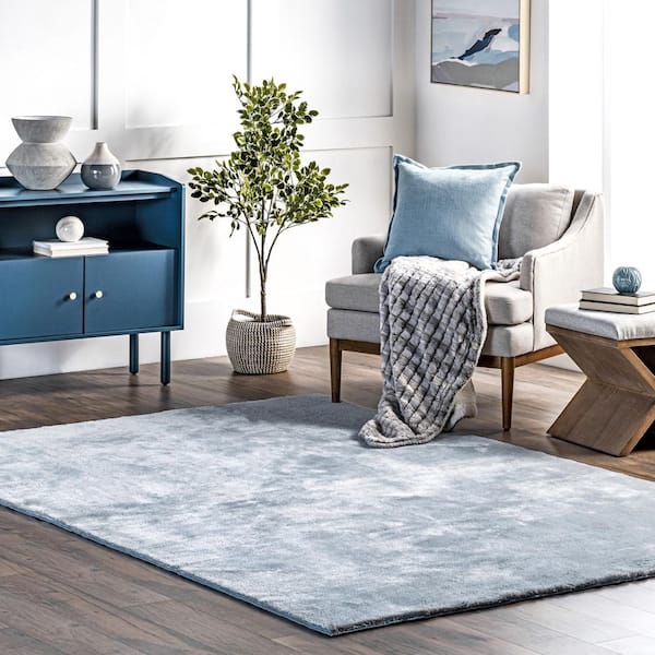 Loni Solid Machine Washable Shag Light Blue Doormat 4 ft. x 4 ft. Area Rug