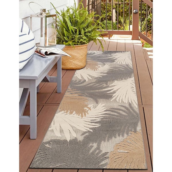 Contemporary Tropical Large Floral Gray 2 ft. 7 in. x 12 ft. Indoor/Outdoor Runner Rug