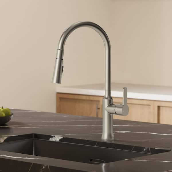 Modern 18.5in. H 1-Handle 2-Spray Pull Down Kitchen Faucet 8.5in. Spout Reach 360° Spout Swivel Faucet in Brushed Nickel