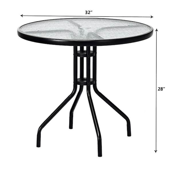 Black Round Metal Outdoor Dining Table, Round Glass Top Patio Table