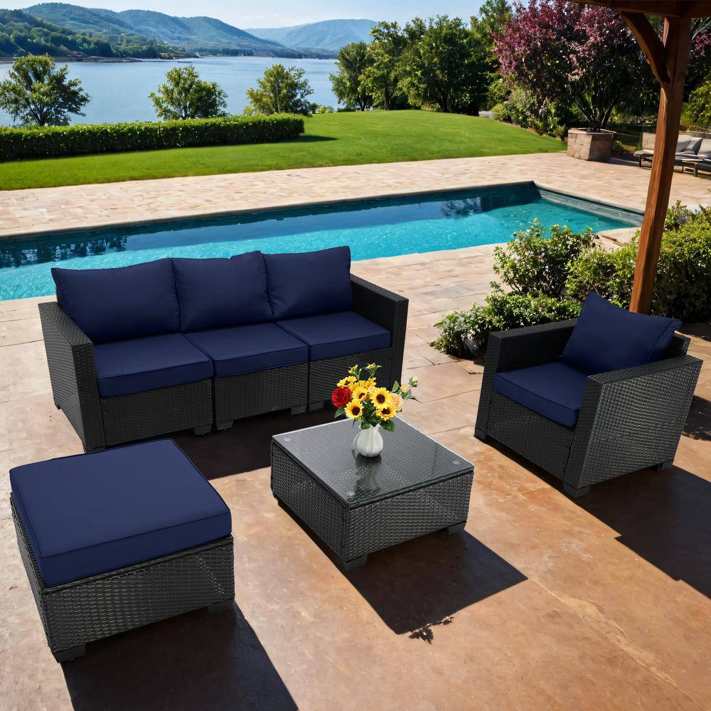 Brown 6-Pieces Wicker Outdoor Fabric Sofa Sectional Set with Dark Blue Cush