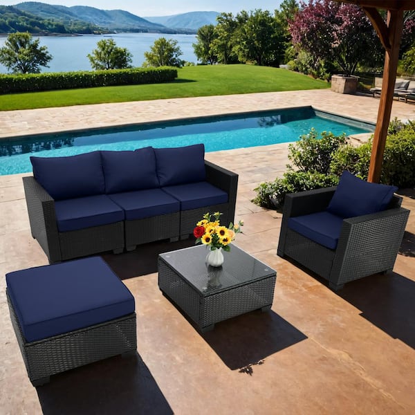Unbranded Brown 6-Pieces Wicker Outdoor Fabric Sofa Sectional Set with Dark Blue Cushions
