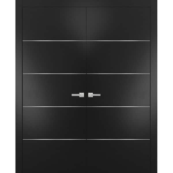 48 in. x 84 in. 2 Panel Black Matte Finished Solid Wood with Honeycomb Sliding Door with Hardware