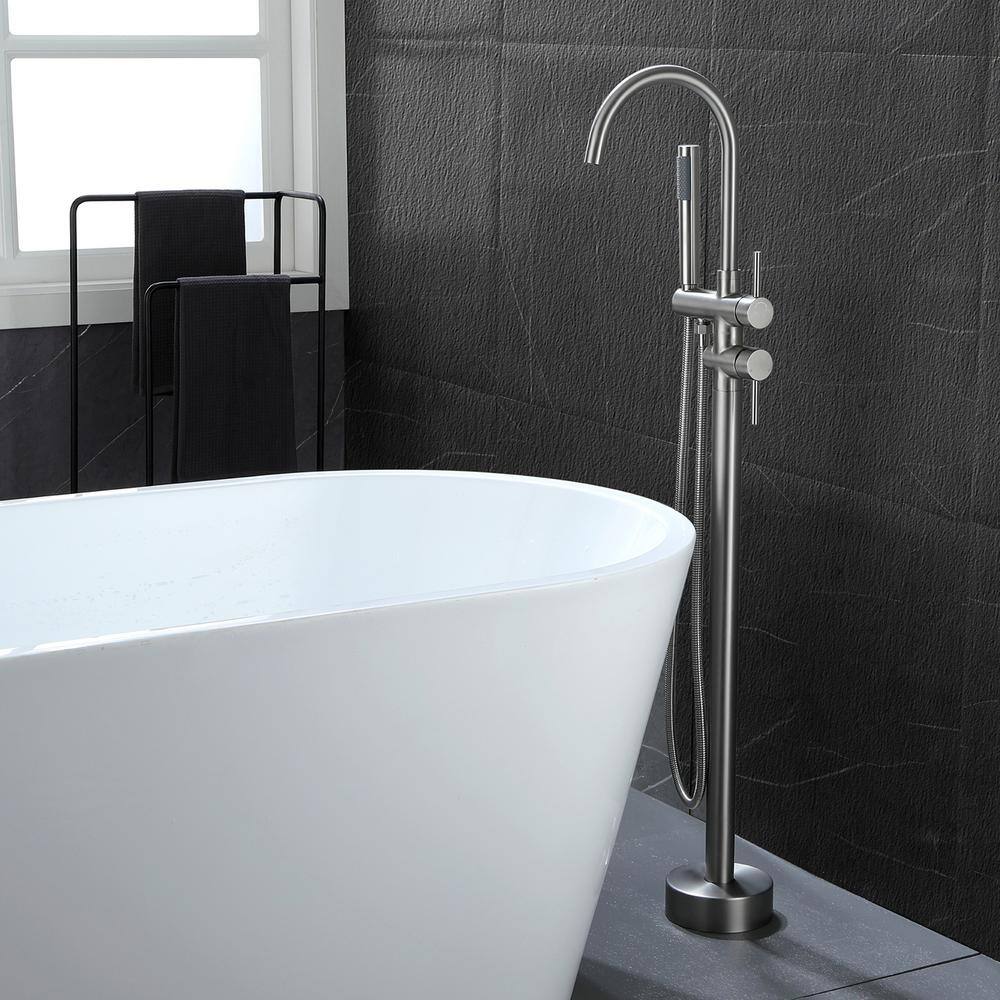 Brushed Nickel Freestanding Tub Filler with Hand Shower