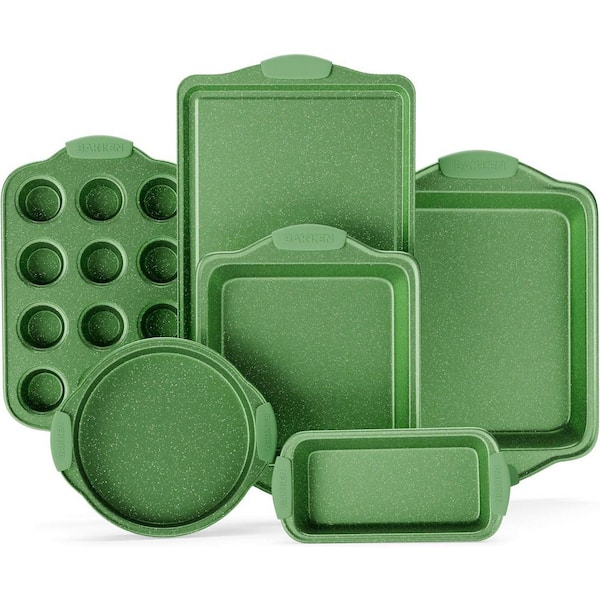 6-Piece Nonstick Green Marble Coating, Carbon Steel Bakeware Sets with Green Silicone Handles