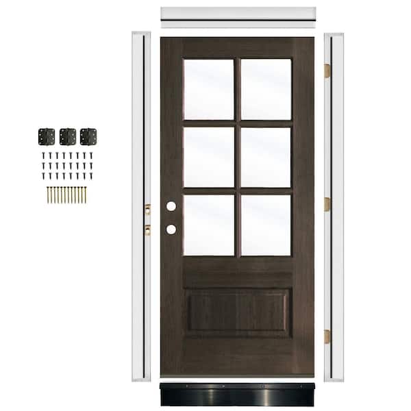 36in. x80in. Farmhouse Right-Hand 6-Lite Clear Glass True Black Stain Mahogany Wood Front Door Kit w/Quick Assemble Jamb