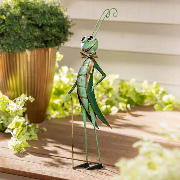 27 in. H Green Metal Joyful Cricket with Cane Garden Statue