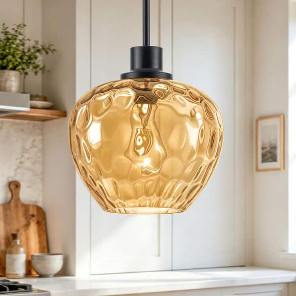 RayHome 1-Light Modern Black Adjustable Height Pendant Light with Amber Apple-Shaped Hammered Glass for Kitchen Island