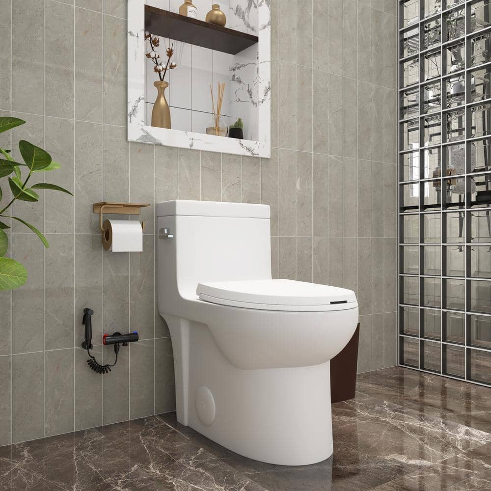 1-Piece 1.28 GPF Single Flush Elongated Toilet in Glossy White