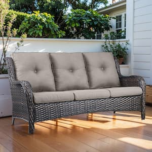 3 Seat Wicker Outdoor Patio Sofa Couch with Deep Seating and Cushions, Suitable for Porch Deck Balcony (Brown/Gray)