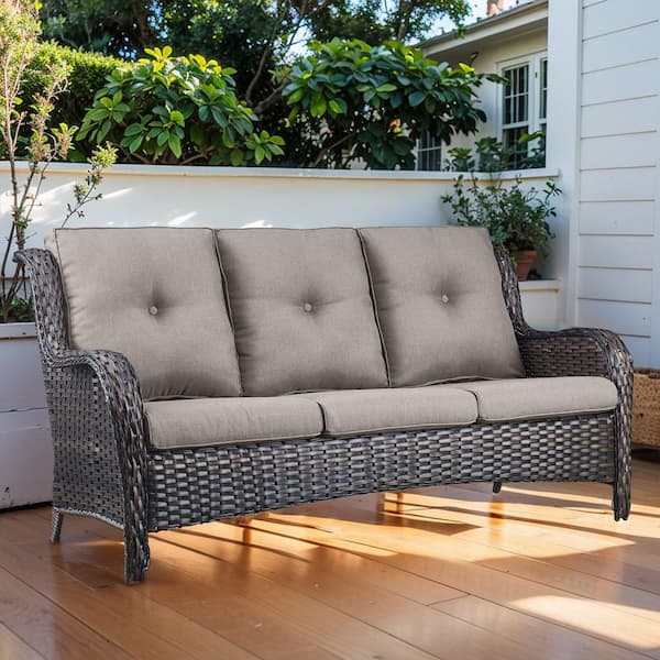 Pocassy 3 Seat Wicker Outdoor Patio Sofa Couch with Deep Seating and Cushions, Suitable for Porch Deck Balcony (Brown/Gray)