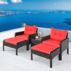 5-Piece Wicker Outdoor Patio Set Sectional Rattan Furniture Set with Red Cushion