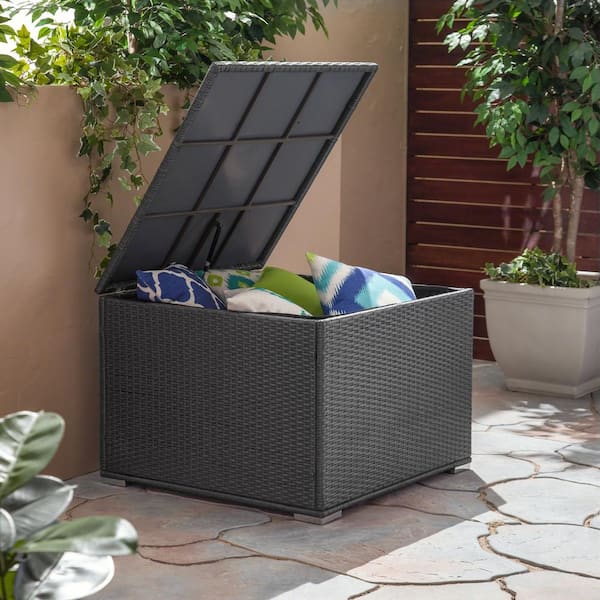 Noble House Iliana Gray Wicker Outdoor Patio Ottoman with Storage