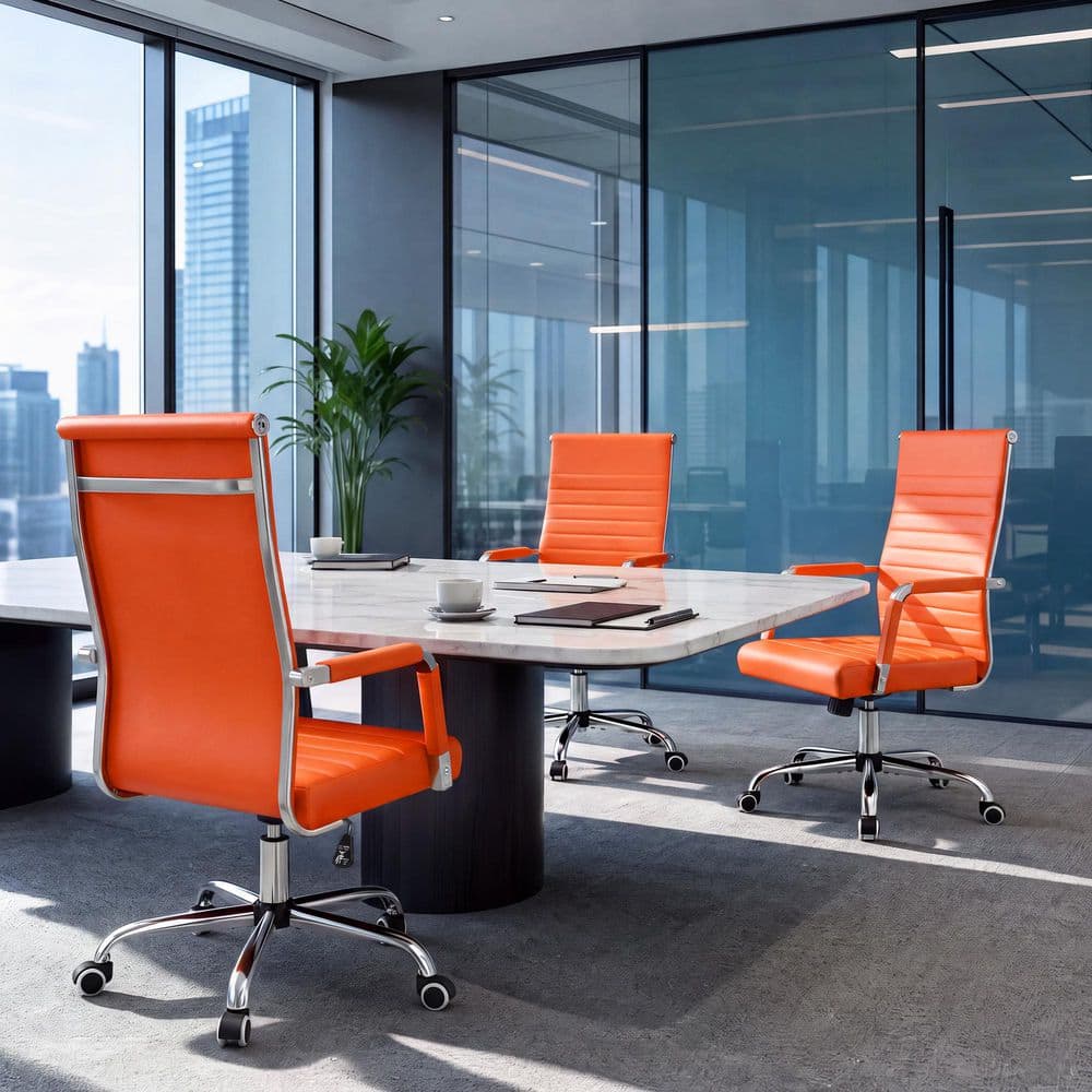 PU Leather Ergonomic Ribbed Office Mid-Back Executive Task Chair with Armrest in Orange