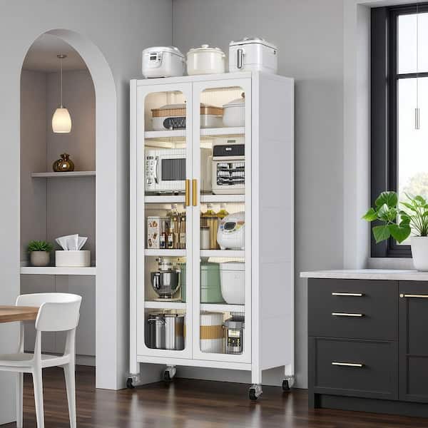 White 65 in. Metal Storage Cabinet, Kitchen Pantry Storage Cabinet with Adjustable Shelves, Door and Wheels