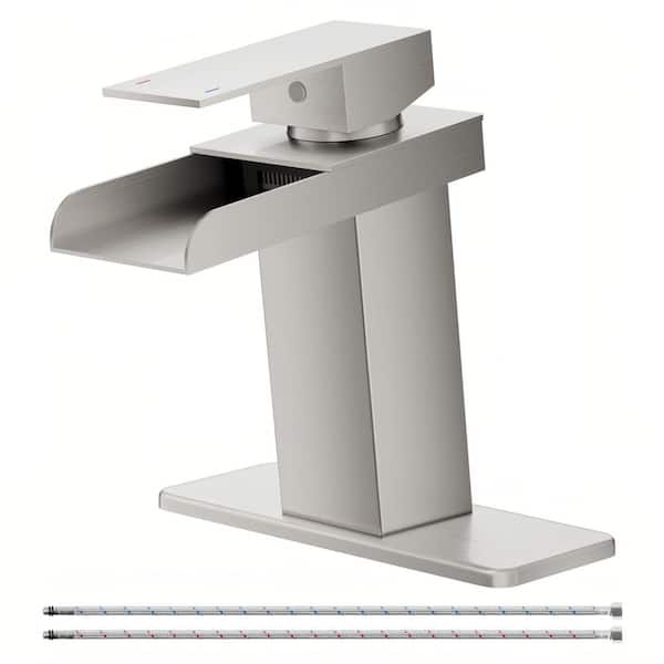 Single Handle Waterfall Spout Single Hole Bathroom Sink Faucet with Drain and Deckplate Included in Brushed Nickel