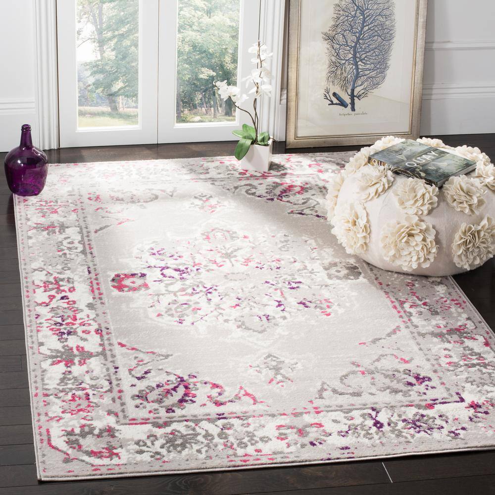 Grey and Pink Floral Synthetic 4' x 6' Area Rug