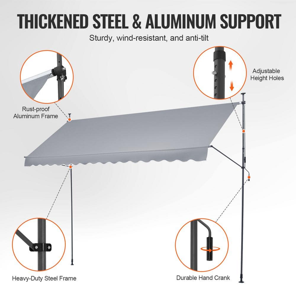 Gray Retractable Patio Awning with Manual Crank Handle