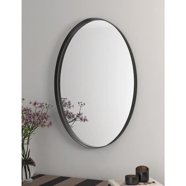 Tileon 18 in. W x 28 in. H Small Oval Framed Rust-Free Wall Mounted Bathroom Vanity Mirror in Metal Black