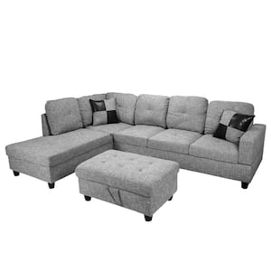 112 in. Square Arm 3-Piece Linen L-Shaped Sectional Sofa in Light Gray