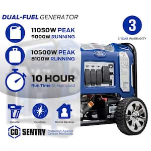 11,050-Watt/10,050-Watt Dual-Fuel Gasoline and Propane with Recoil Start Portable Generator, CO Shutoff