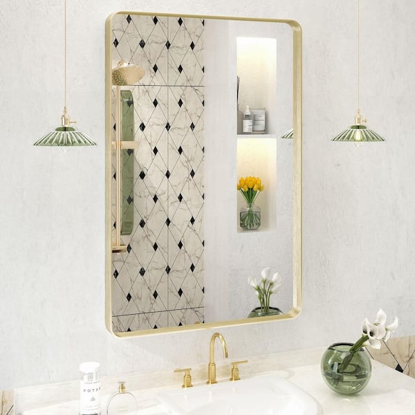 Apmir 24 in. W x 36 in. H Rectangular Aluminum Alloy Framed and Tempered Glass Wall Bathroom Vanity Mirror in Brushed Gold