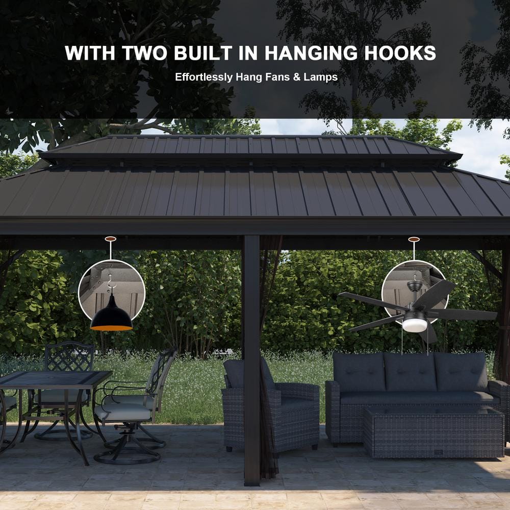 12'x20' Black Aluminum Frame Hardtop Gazebo with Nettings