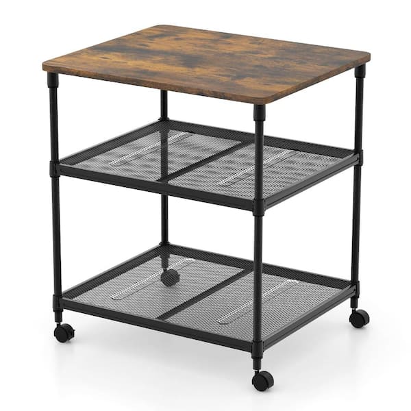 3 Tier Printer Stand Rolling Fax Cart with Adjustable Shelf and Swivel Wheels-Coffee