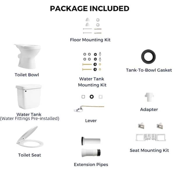 Rear Outlet Toilet 2-Piece White Round Bowl 7 in. Rough-In 1.6 GPF Single Flush Extra 2 Extension Pipes for Easy Install