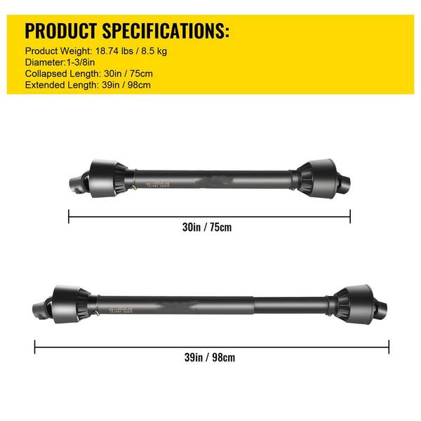 SCITOO PTO Drive Shaft For Tractors 35-53HP - 1-3/8x6 Spline & Round Ends, 39-62" Length