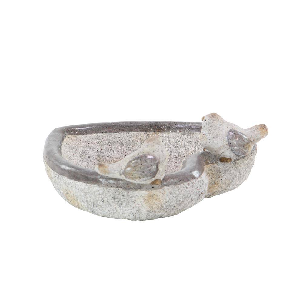 Gray Polystone Bird Garden Sculpture with Bath Bowl