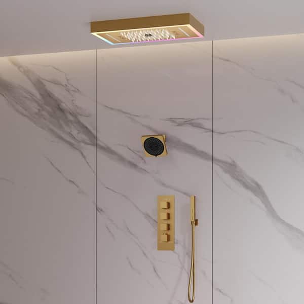 LED Ceiling Mounted 4-Handle 4-Spray Shower Faucet with Music 2.5 GPM with Thermostatic Valve in Brushed Gold Anti Scald