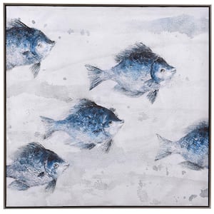 Ecco "5 Blue Abstract Fish" Handpainted on Canvas Framed Animal Wall Art 33 in. x 33 in.