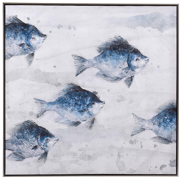 StyleCraft Ecco "5 Blue Abstract Fish" Handpainted on Canvas Framed Animal Wall Art 33 in. x 33 in.