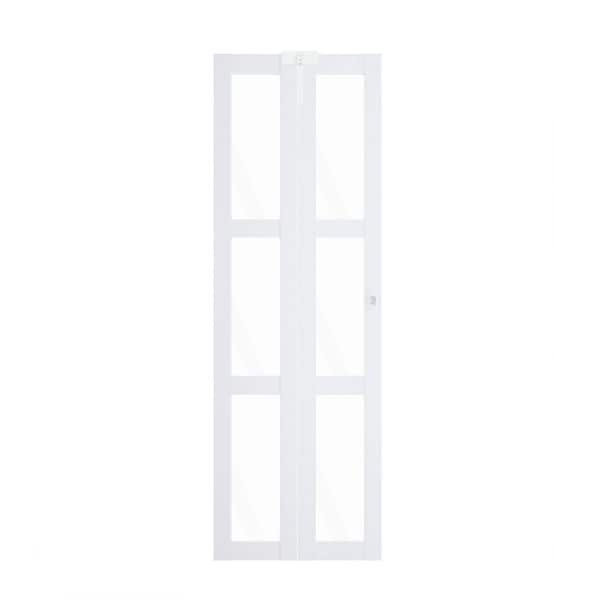 24 in. x 80 in. 3-Lite Clear Glass Solid Core White PVC Covering MDF Bi-Fold Door with Door Lock and Full Accessories